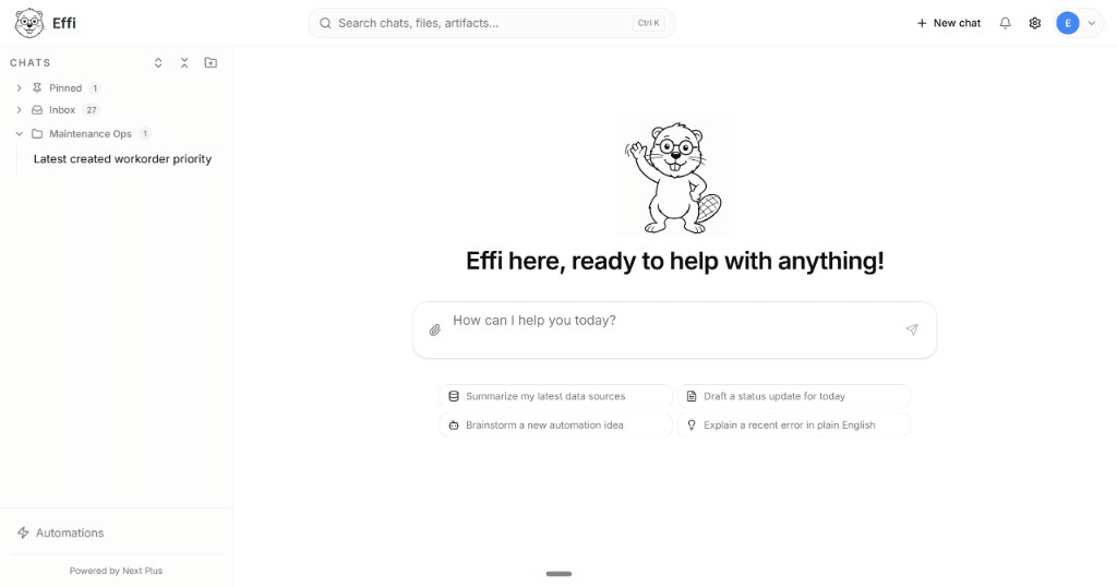 The real Effi chat workspace with pinned conversations and starter prompts