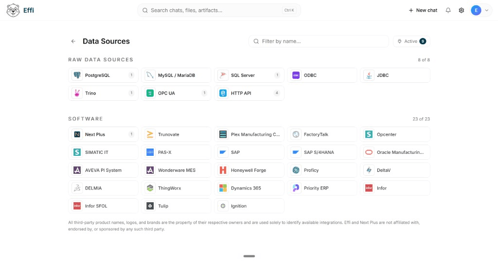 Effi data-sources interface showing operational and database connection types